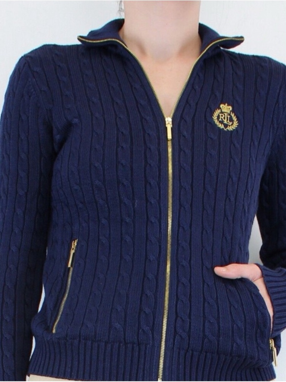 Lauren Ralph Lauren Cable Knit Sweater Full Zip Jacket Size M